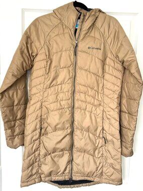 Columbia Karis Gale Long Jacket Women’s Medium Beige Hooded Puffer Coat Full Zip